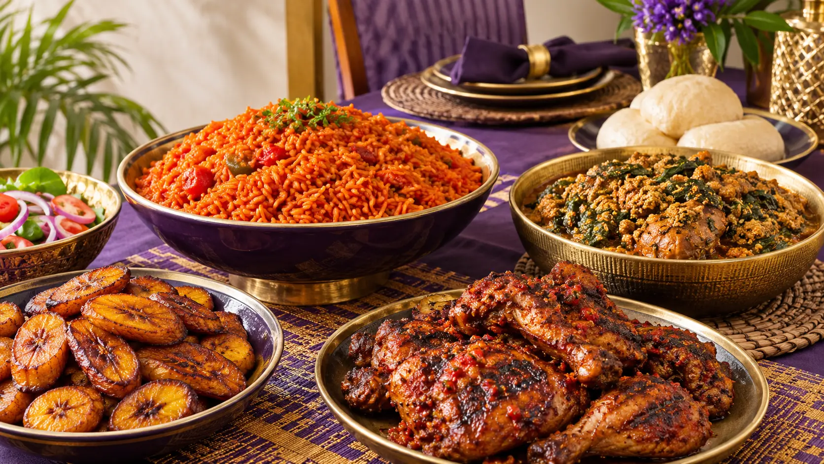 A colorful West African feast with jollof rice, chicken, plantains and soups