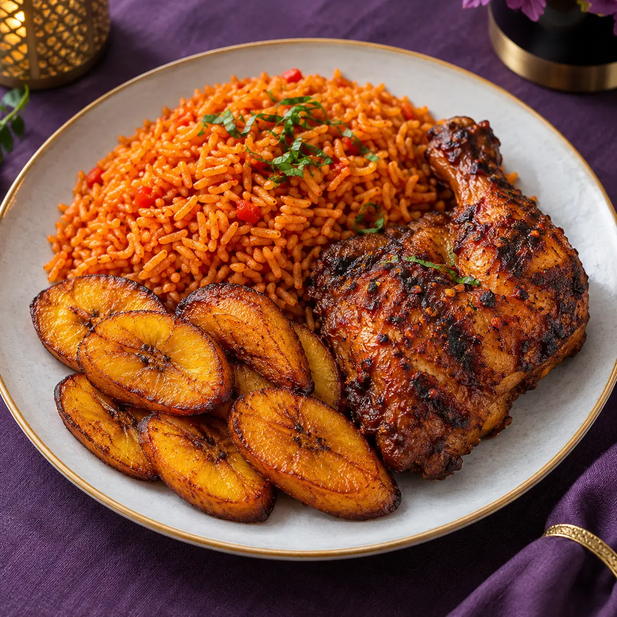 Jollof rice with grilled chicken and fried plantains