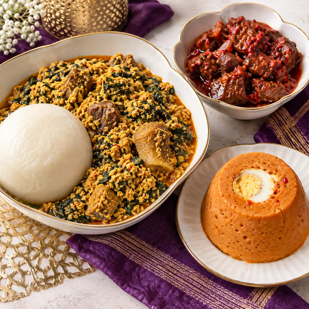 West African soup, beef and moi moi selection